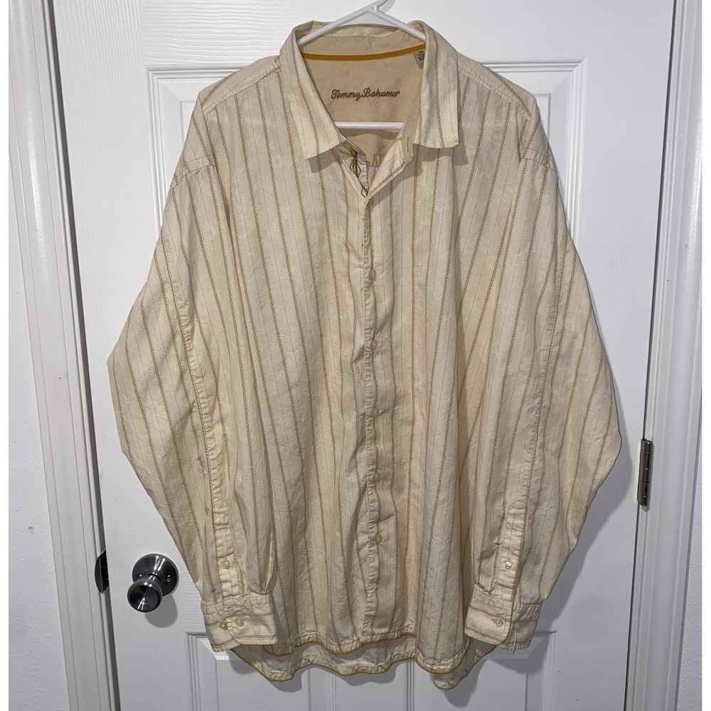 Tommy Bahama Mens Beige Striped Silk Long Sleeve Button-Up Shirt, XXL